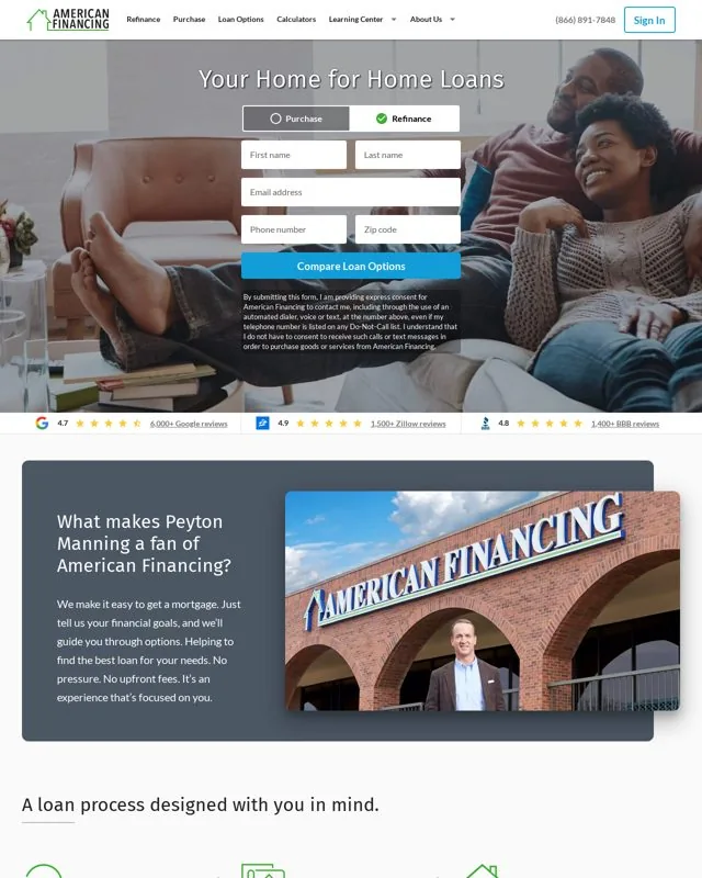 American Financing homepage, control