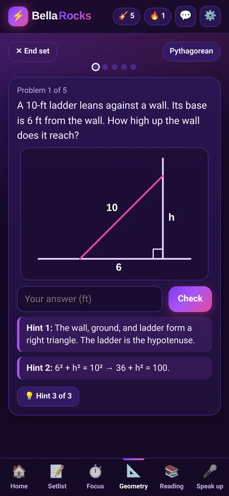 Geometry practice with hints revealed one at a time