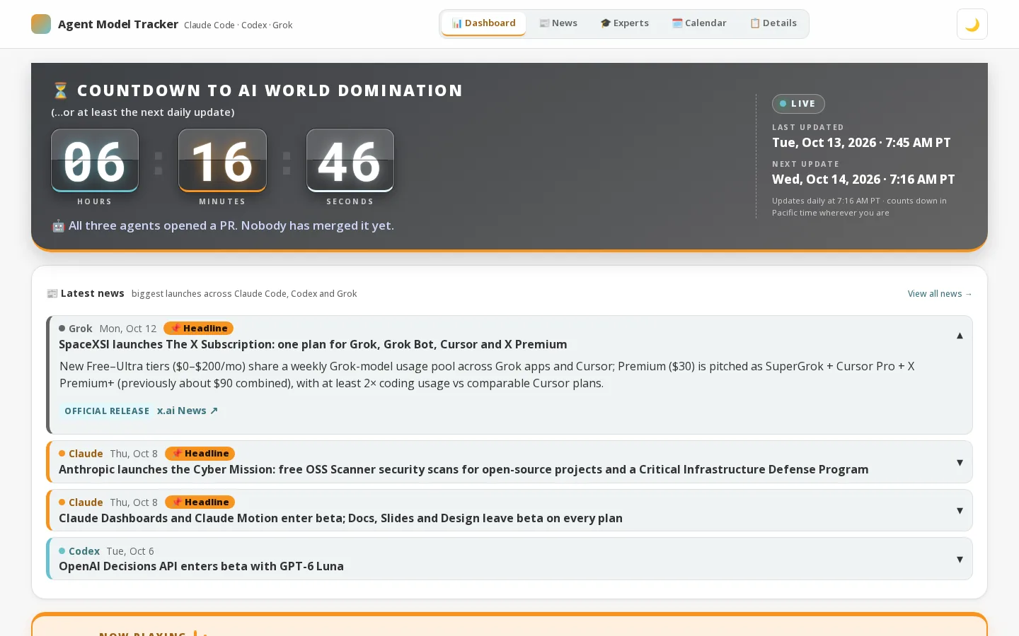 Agent Model Tracker dashboard