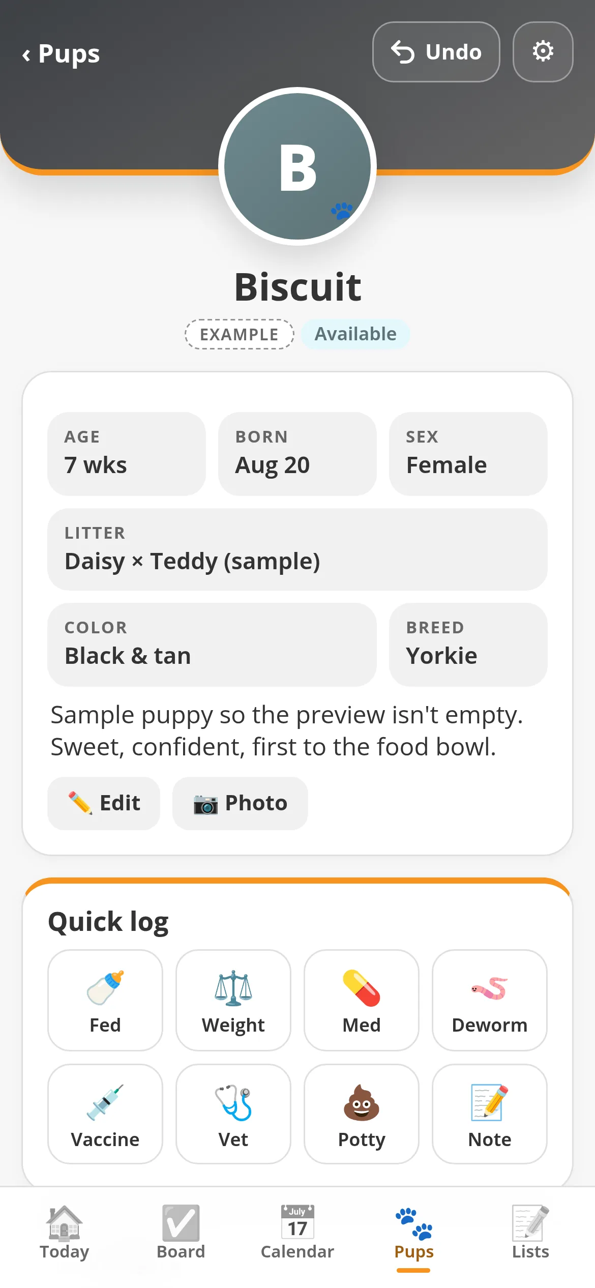 Puppy profile with quick-log buttons (sample puppy)