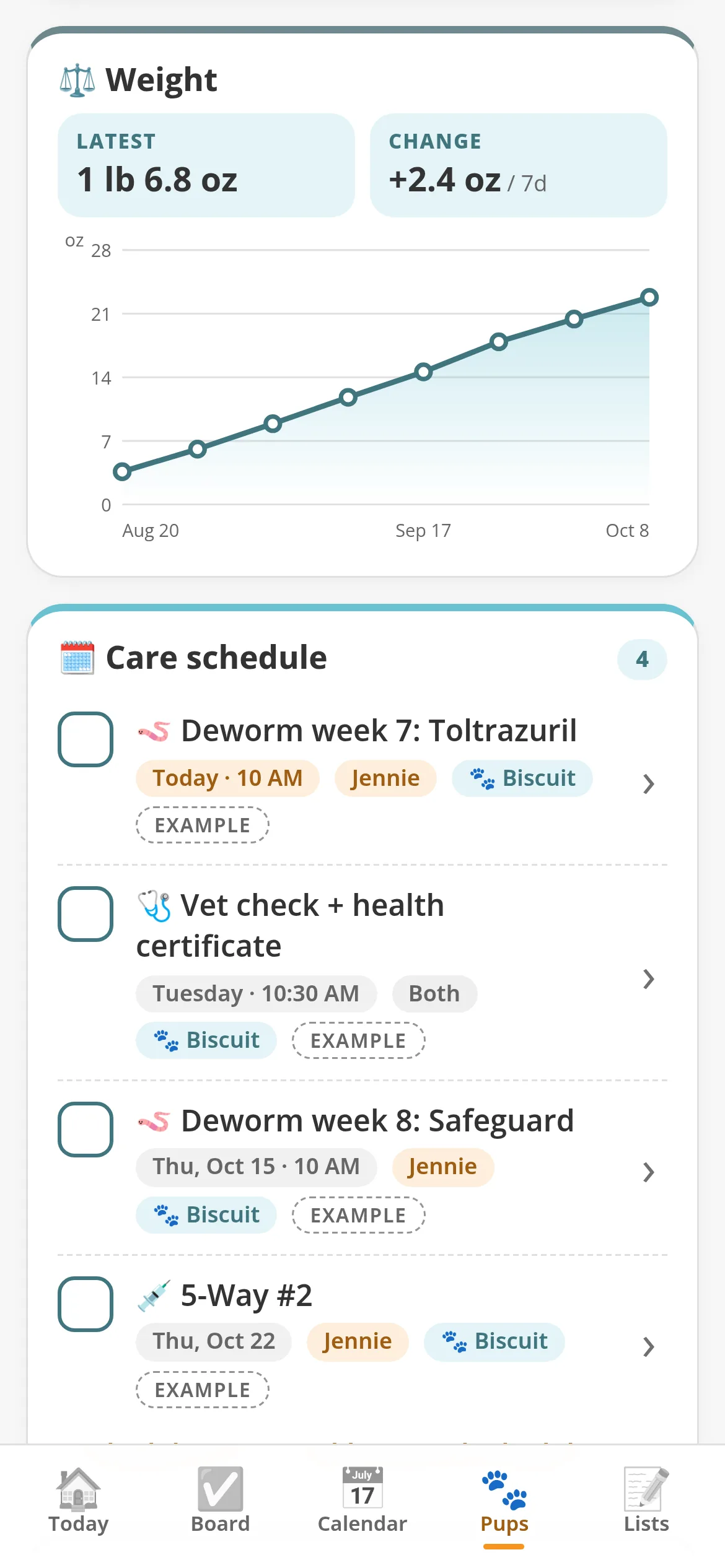 Weight chart and care schedule (sample puppy)