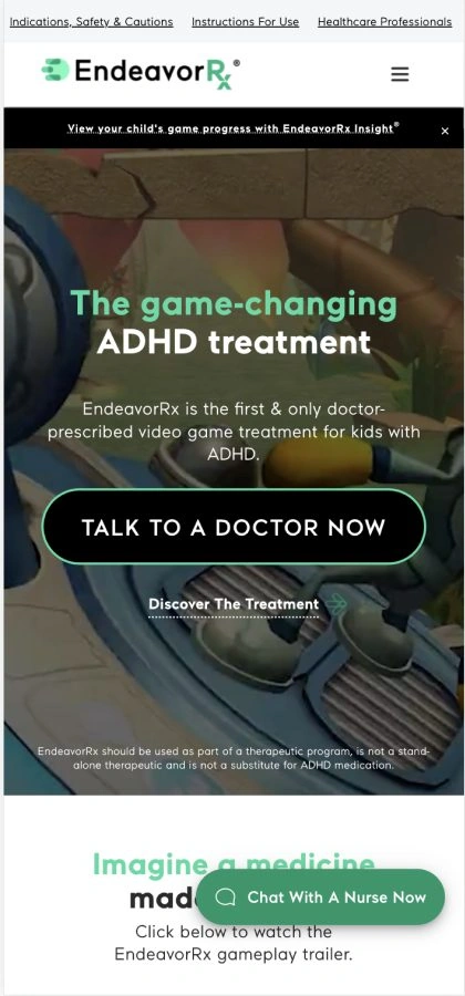 Before: EndeavorRx homepage with the Get a Prescription button
