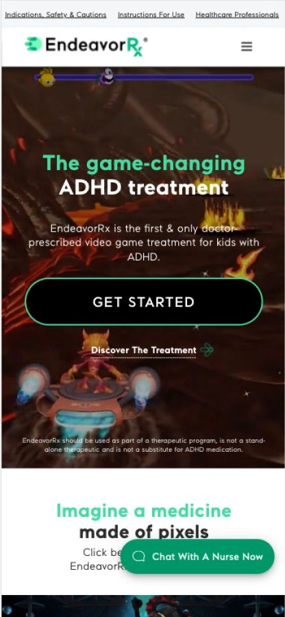 After: EndeavorRx homepage with the winning Get Started button
