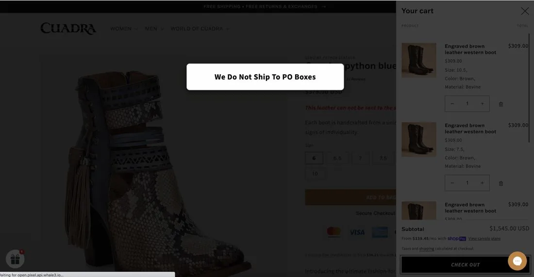 Cuadra cart with a We Do Not Ship To PO Boxes pop-up covering the page