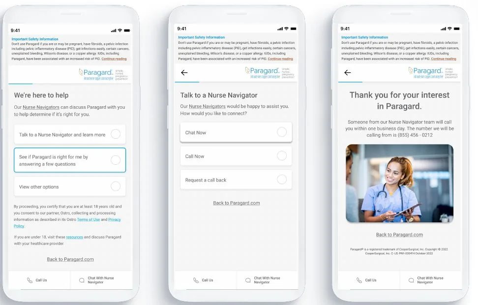 Paragard engagement flow: choose a path, talk to a nurse