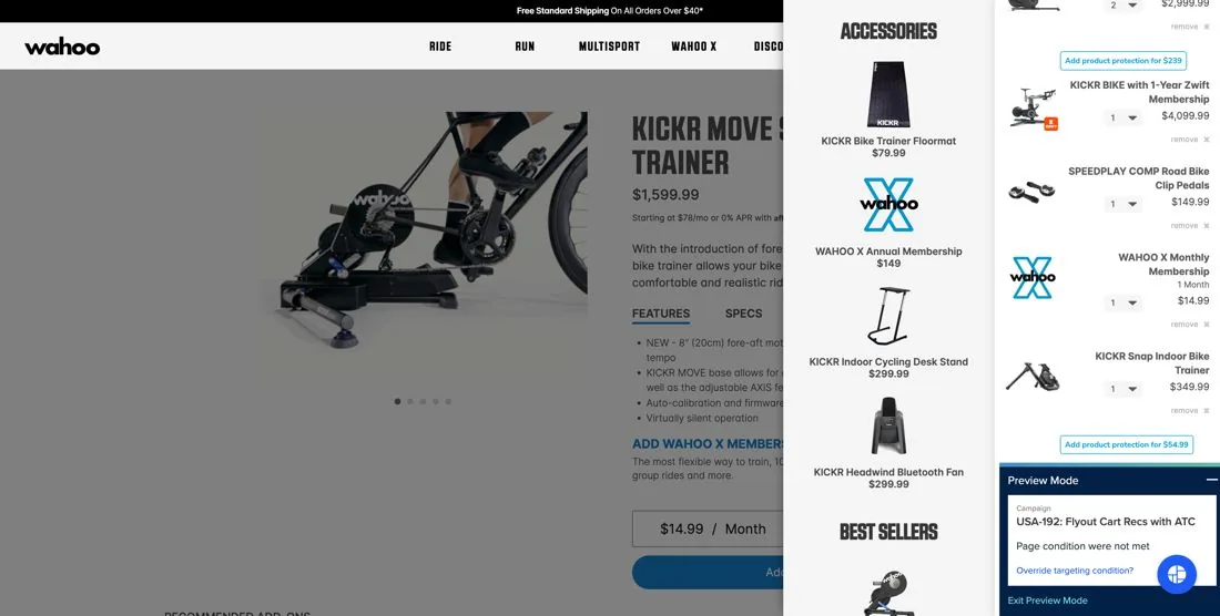 Wahoo product page with the fly-out cart showing accessories and best sellers beside the mini cart